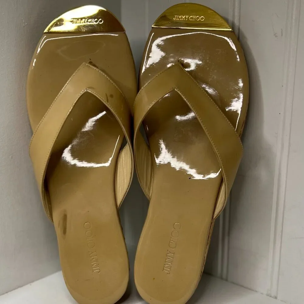 Jimmy Choo Beige Patent Cork Wedge Flip Flops - Picture 2 of 9